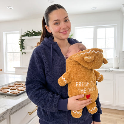 Young mum in the Mistletot Gingerbread baby pouch hoodie in her Christmas kitchen, her baby asleep chest to chest