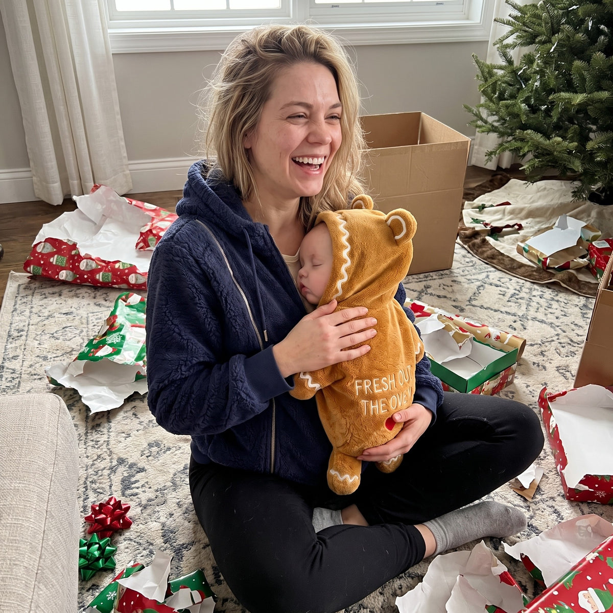 Mum on Christmas morning wearing the Mistletot Gingerbread baby pouch hoodie with her baby asleep chest to chest