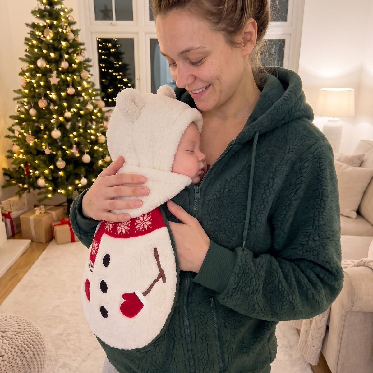 Mum by the Christmas tree wearing the Mistletot Snowman baby pouch hoodie with her baby asleep chest to chest