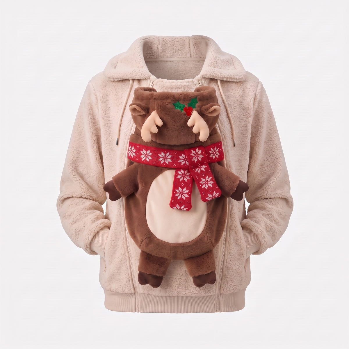 Mistletot Reindeer baby pouch hoodie in cream