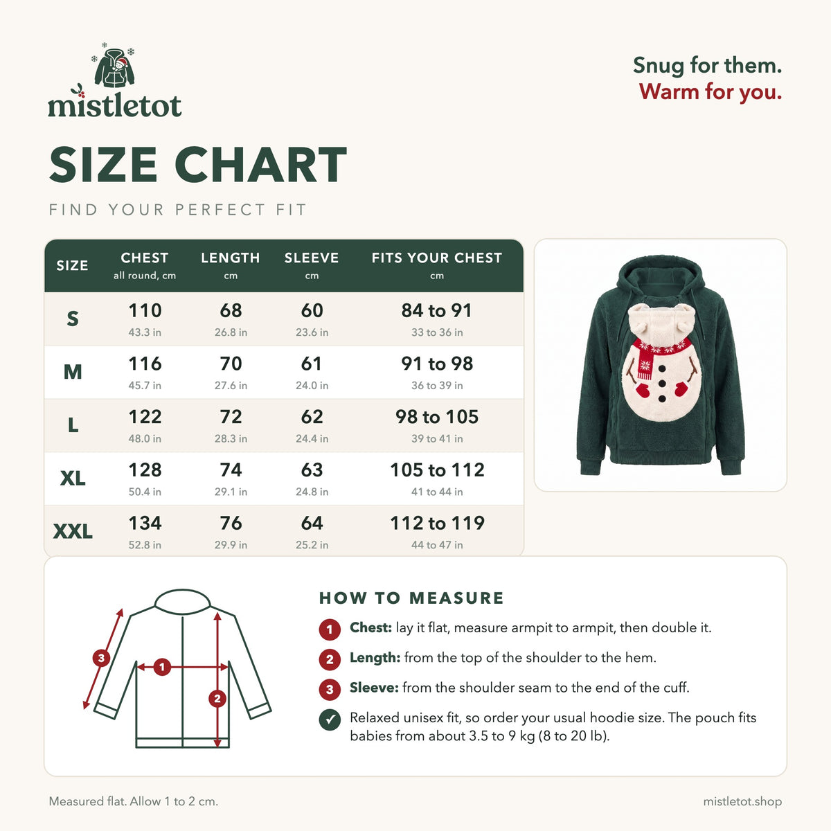 Mistletot size chart: chest, length and sleeve for sizes S to XXL, with how to measure
