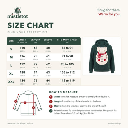 Mistletot size chart: chest, length and sleeve for sizes S to XXL, with how to measure